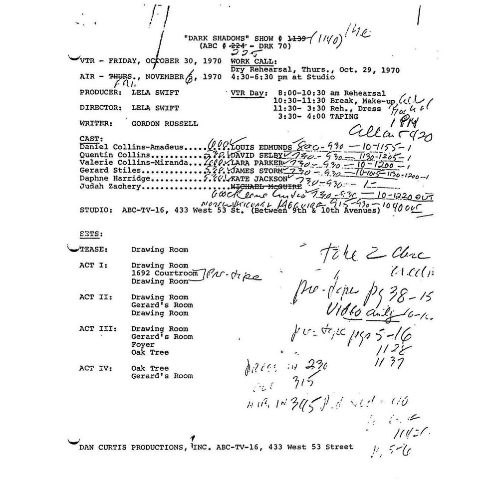 Dark Shadows TV Script Episode #1140 First Aired Friday, November 6 1970 Reprint